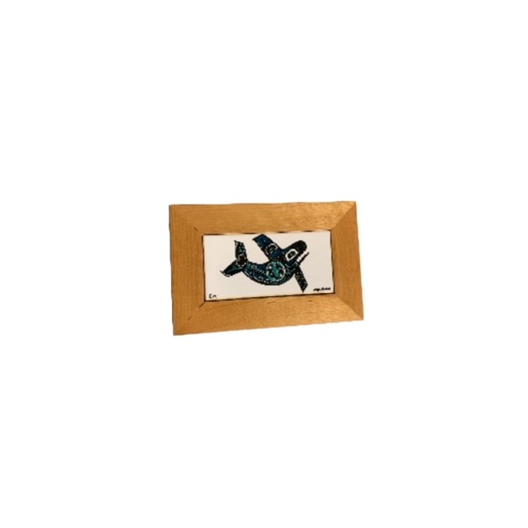 Chris Mahan Wooden Framed White, Black, and Teal Orca Print Art Tile - Picture 1 of 5
